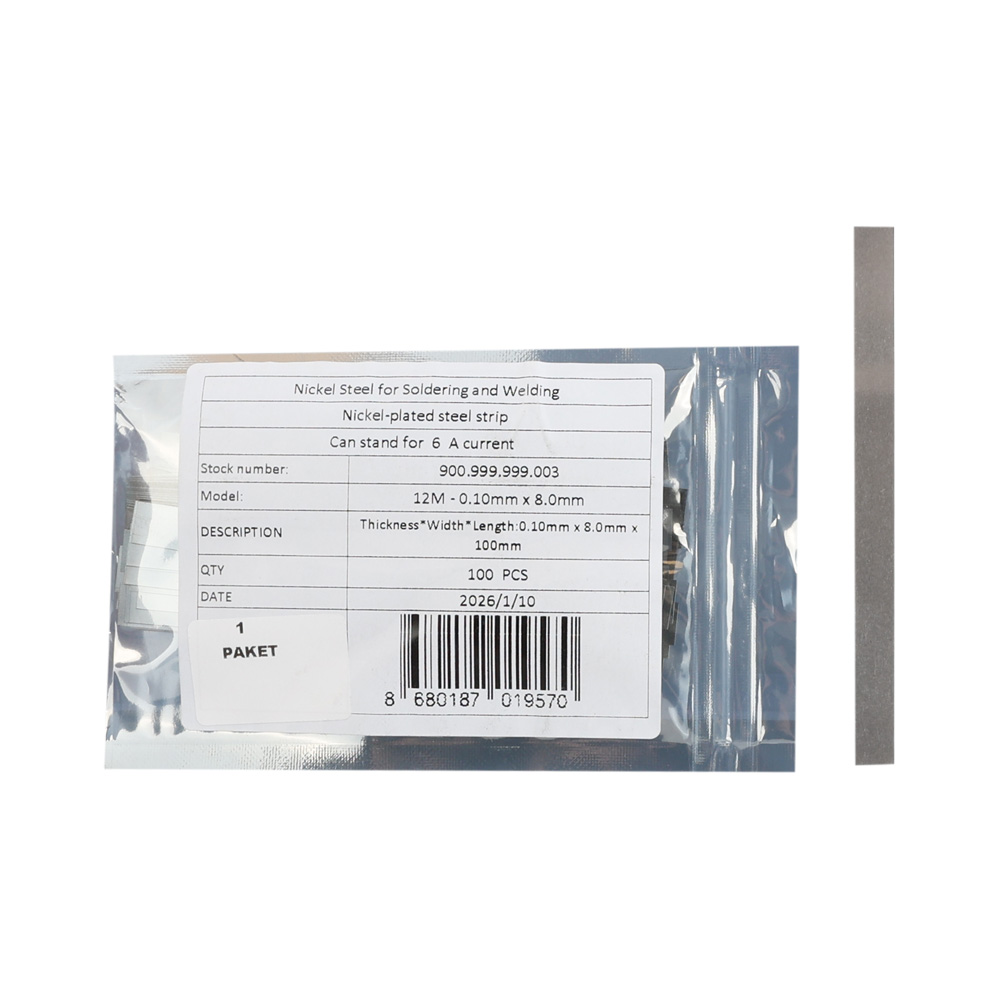 12M - 0.10mm x 8.0mm x 100mm - Lehim Tutan Nikel Metal - 10 cm Kesilmiş - 100lü Paket - 10 Metre