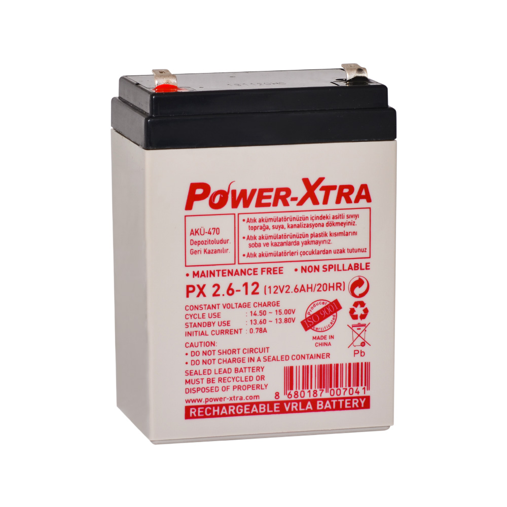 Power-Xtra PX2.6-12 - 12V 2.6 Ah Bakımsız Kuru Akü - Dik Model 