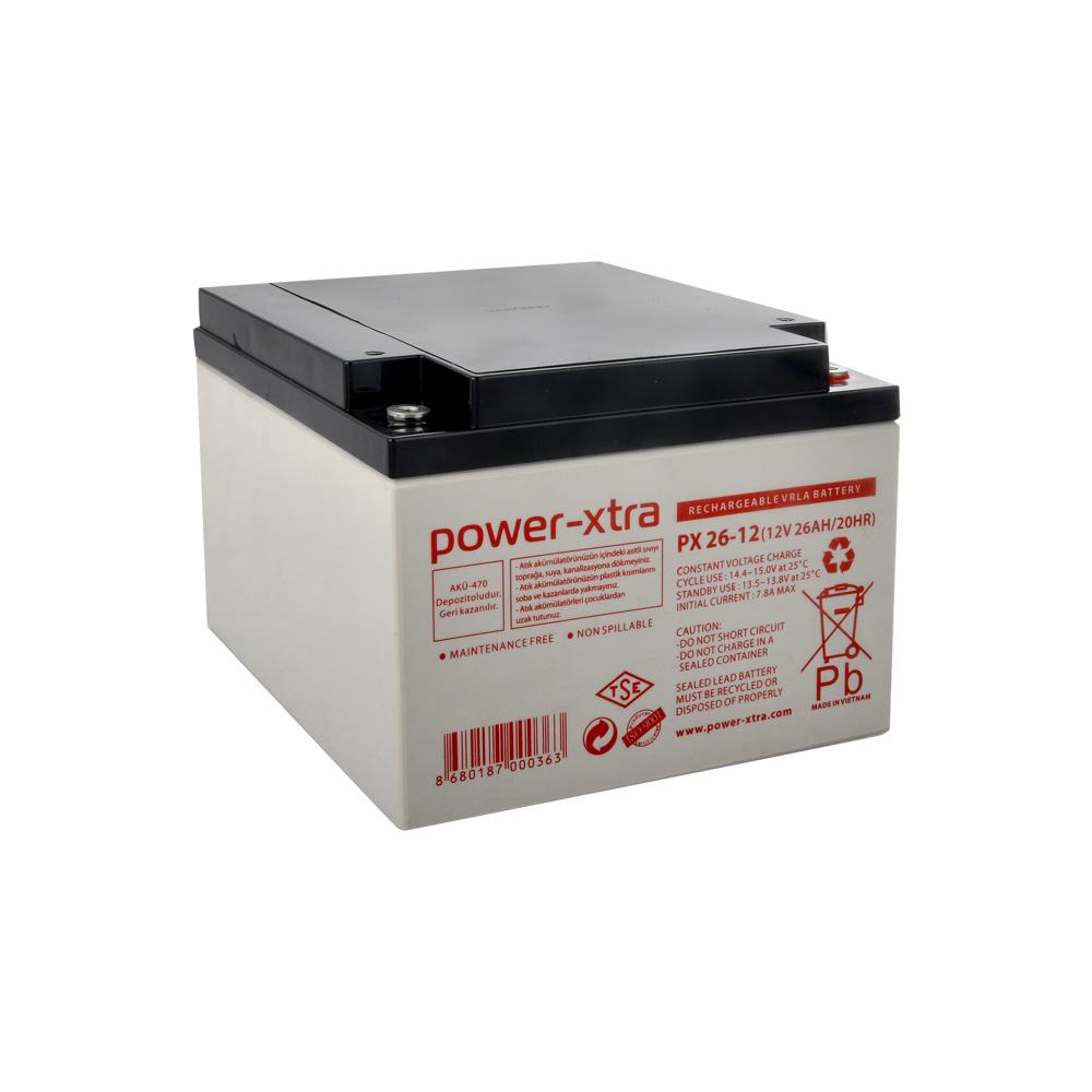 Power-Xtra PX26-12 - 12V 26 Ah Bakımsız Kuru Akü - F3 - (M5 Bolts)
