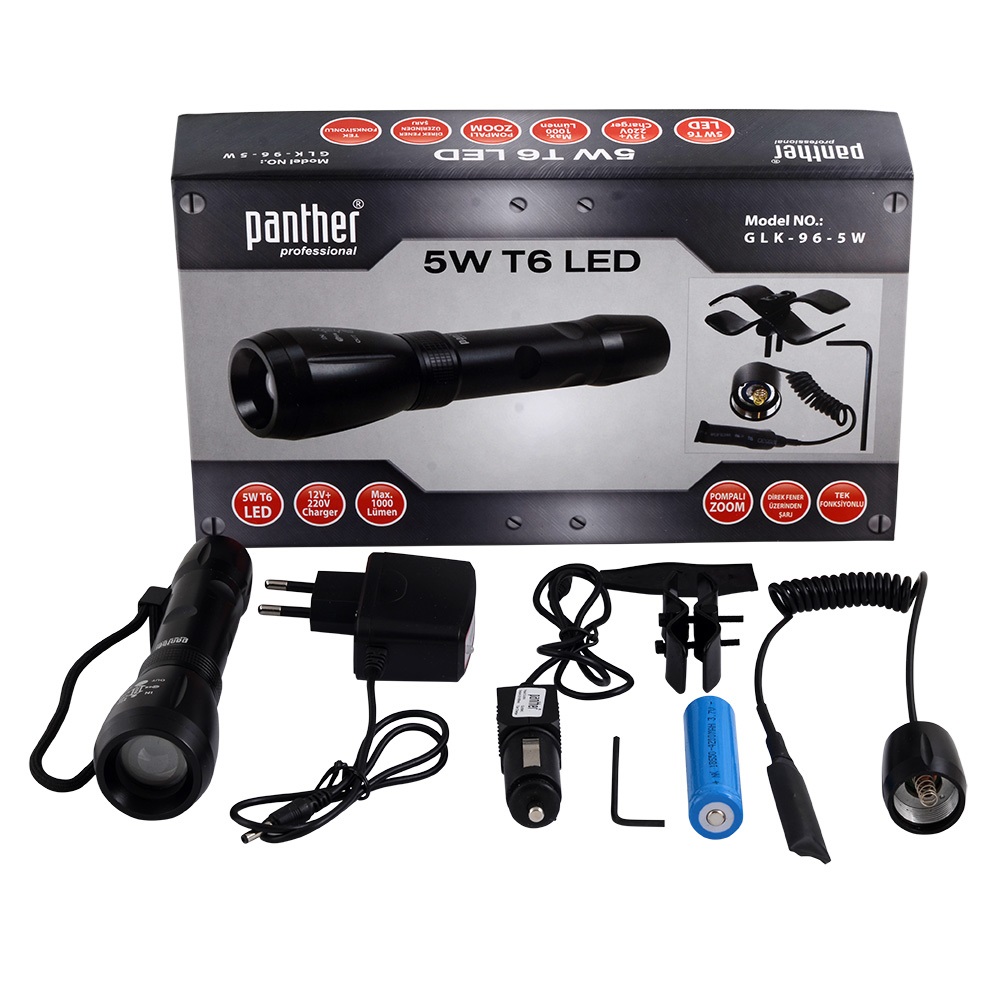 Panther GLK-96-5W T6 Led Silah Aparatlı Şarjlı Fener