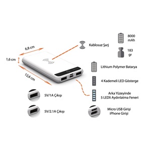 BR280 8000 mAh Wireless Kablosuz Beyaz Powerbank